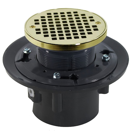 Jones Stephens 2inX3in Heavy Duty PVC Drain Base, 3-1/2in Plastic Spud, 5in Polished Brass Strainer, Ring D49027